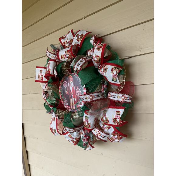 Nutcracker Christmas Deco Mesh Wreath • Red Green Holiday Door Decor - Picture 3 of 5
